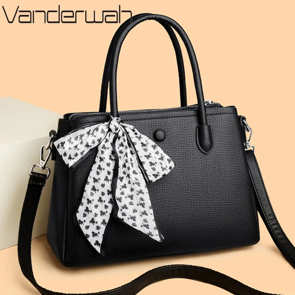 Women's Luxury PU Leather Tote Handbag – Soft Casual Shoulder Bag with Scarf