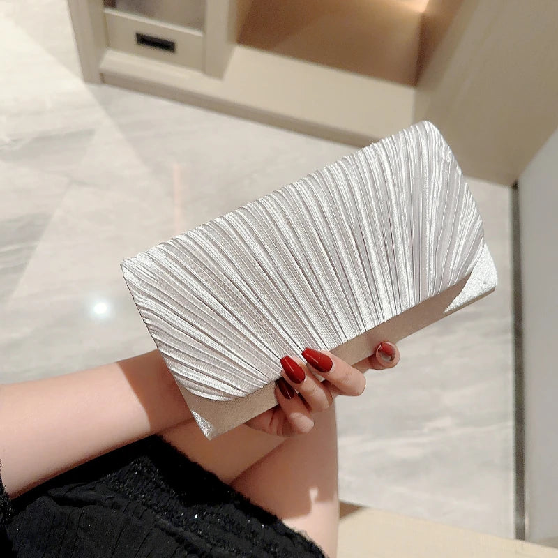 Satin Evening Clutch Bag for Women – Pleated Rhinestone Wedding Purse