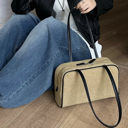 Canvas Bowling Shoulder Bag – Large Capacity Vintage Handbag with Leather Handles