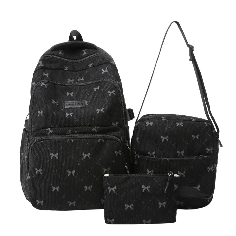 Bow Print Backpack Set – Large Capacity 3-Piece Women's Bag