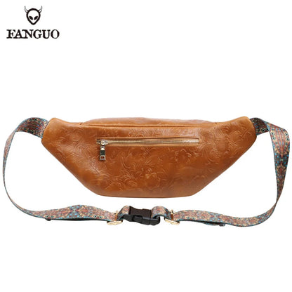Genuine Leather Fanny Pack for Men – Floral Embossed Travel Waist Bag