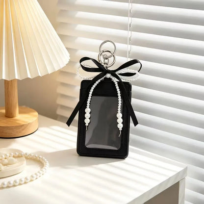 Pearl Bow PU Leather Photocard Holder with Keychain