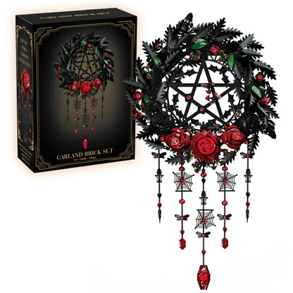 Gothic Black Rose Wreath MOC Building Blocks – 1300pcs Botanical Wall Decor