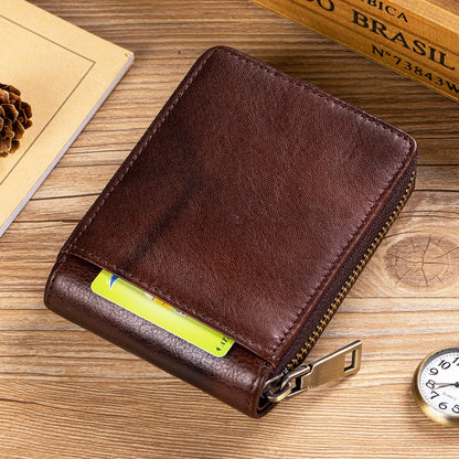 Men's Genuine Leather Zip Wallet with Coin Pocket
