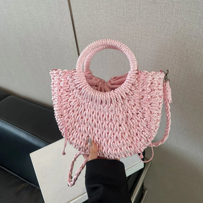 Woven Straw Handbag - Women's Half Moon Rattan Shoulder Bag