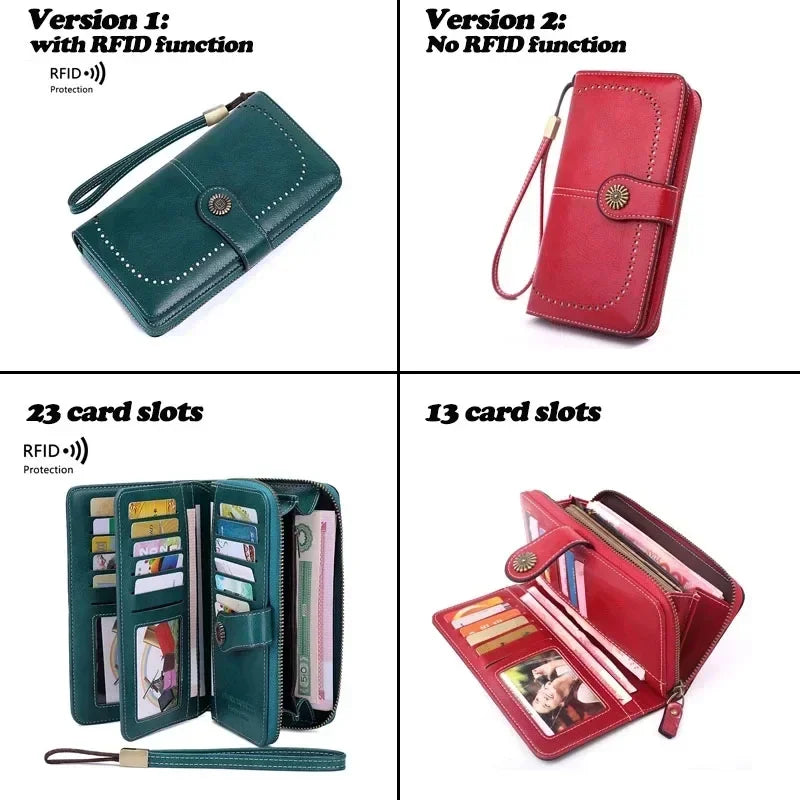 RFID Blocking Women's Leather Wallet – Large Zipper Clutch with 23 Card Slots