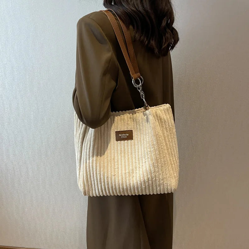 Corduroy Shoulder Tote Bag for Women – Large Cotton Handbag
