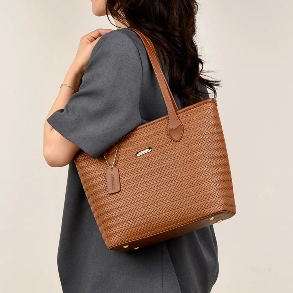 Women's Woven Texture Tote Bag – Large PU Leather Shoulder Work Bag