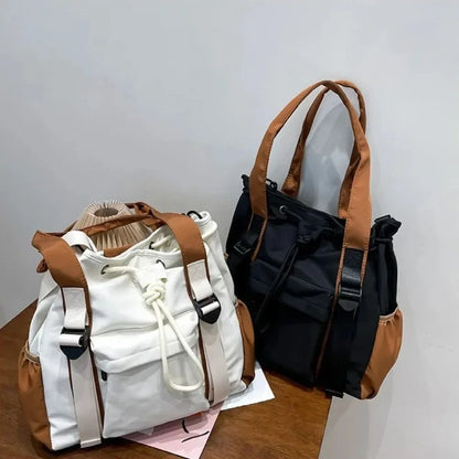 Large Waterproof Nylon Tote Bag – Multi-Pocket Drawstring Shoulder Bag for Women