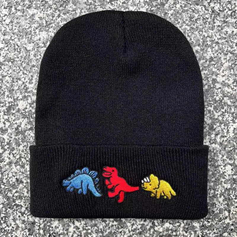 Dinosaur Embroidery Beanie Hat – Warm Knit Cap for Men & Women