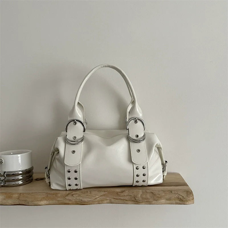 Y2K Rivet Shoulder Bag for Women – PU Leather Motorcycle Handbag