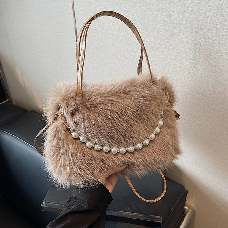 Fluffy Plush Crossbody Bag with Pearl Chain Handle