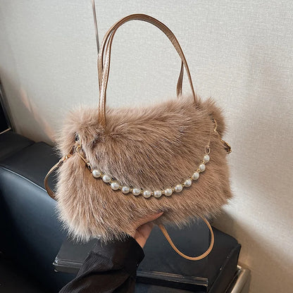 Fluffy Plush Crossbody Bag with Pearl Chain Handle