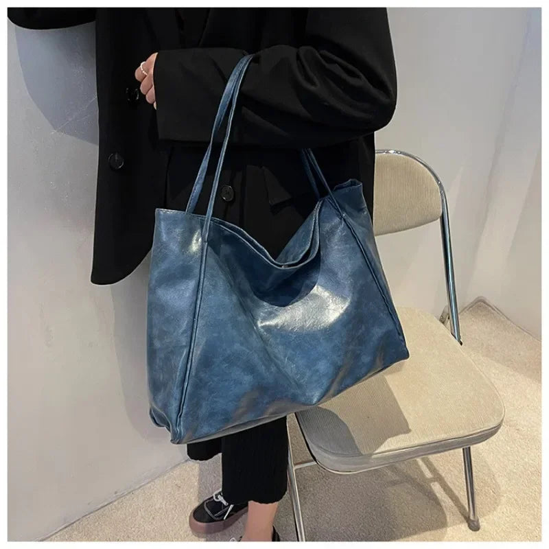 Large PU Leather Tote Bag for Women – Retro Soft Shoulder & Crossbody Bag