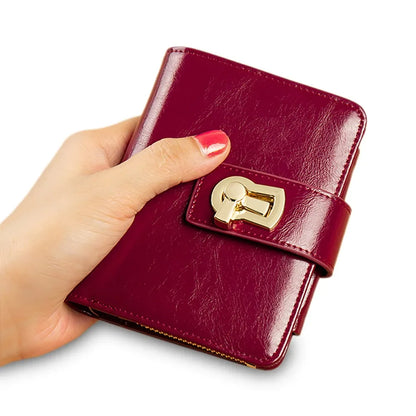 Genuine Leather Women's Wallet – Metal Lock Clasp, Card Holder & Coin Purse