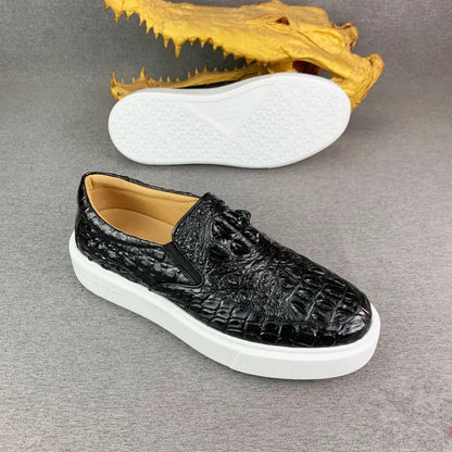 Crocodile Leather Men's Slip-On Loafers – Black Casual Flat Shoes