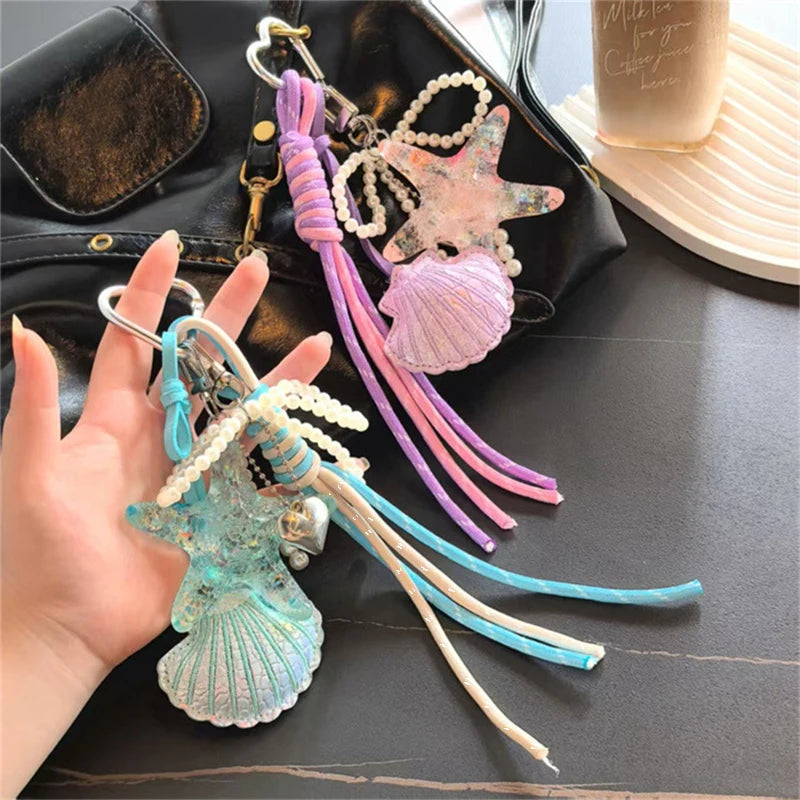 Ocean Shell & Starfish Keychain – Pearl Beaded Bag Charm with Tassel