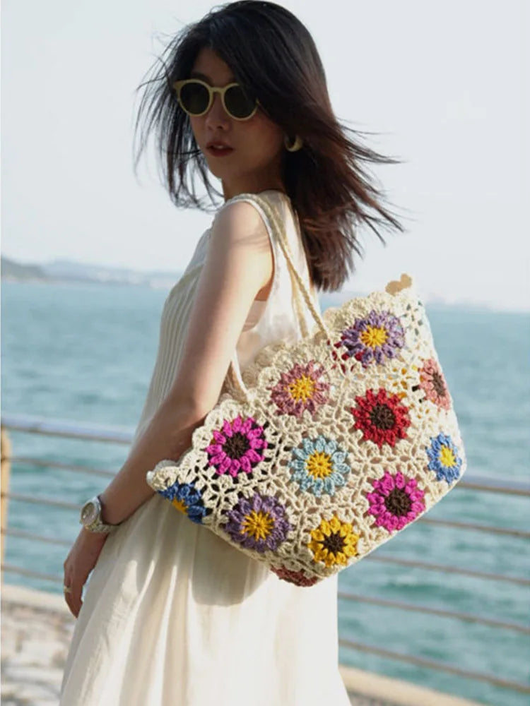 Handmade Crochet Flower Tote Bag for Women