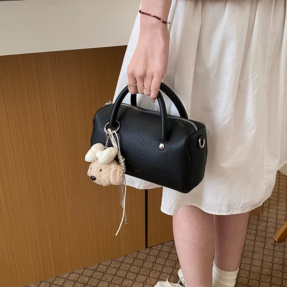 Women's Leather Top Handle Bag – Crossbody Shoulder Purse with Pendant