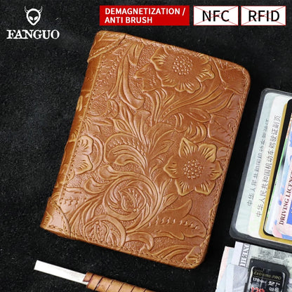 RFID Genuine Leather Men's Short Wallet – Floral Embossed Bifold