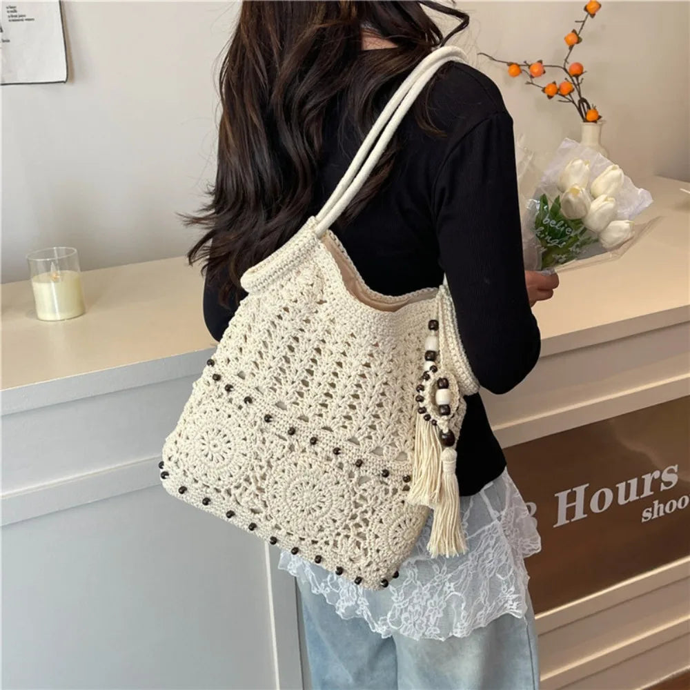 Crochet Tote Bag – Boho Beach Bag with Tassel, Beads & Adjustable Strap