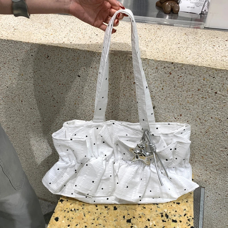 Korean Style Polka Dot Ruffle Shoulder Bag Women S Large Capacity Tote Magnetic Buckle Design