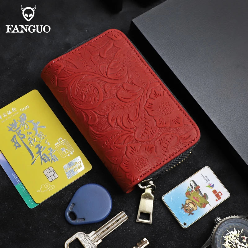 Genuine Leather Key Wallet – Floral Embossed Zipper Pouch with Card & Coin Slots