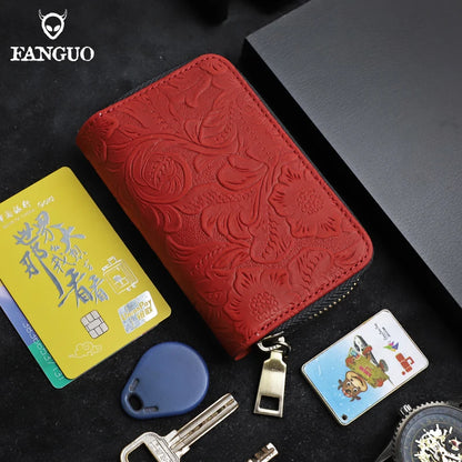 Genuine Leather Key Wallet – Floral Embossed Zipper Pouch with Card & Coin Slots