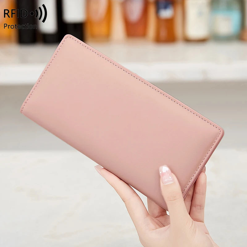 RFID Blocking Women's Long Leather Travel Wallet with Passport Holder & Card Slots