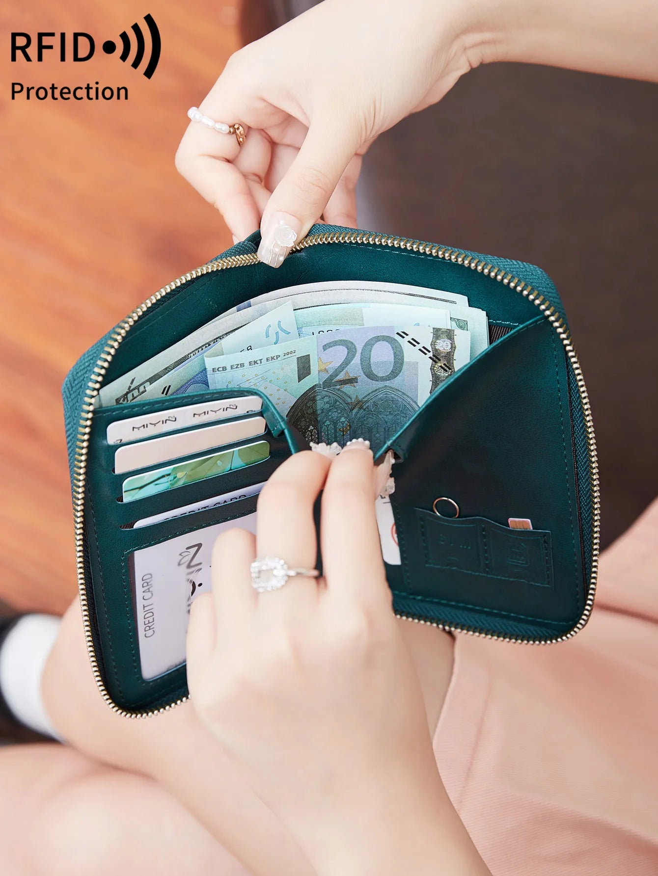 RFID Blocking Passport Wallet – PU Leather Zipper Travel Card Holder with ID Window