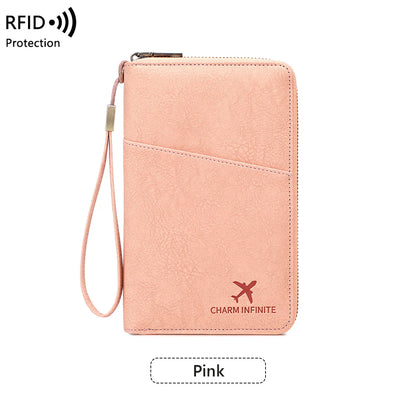RFID Blocking Passport Wallet Travel Document Organizer with Zipper & Wrist Strap