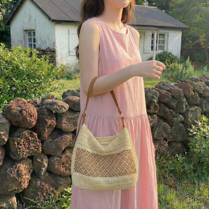 Women's Handmade Straw Beach Bag – Large Hollow Mesh Shoulder Bag