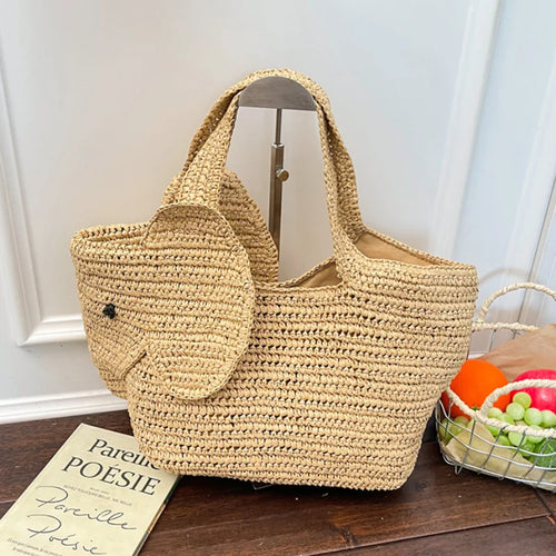 Elephant Woven Straw Tote Bag – Women's Handcrafted Summer Shoulder Bag
