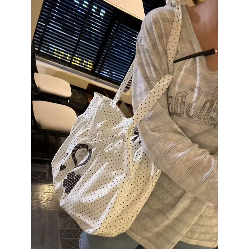 Korean Polka Dot Tote Bag – Cute Bow Shoulder Bag for Women