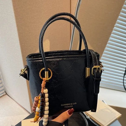 Leather Bucket Bag – Women's Crossbody Handbag with Bead Charm