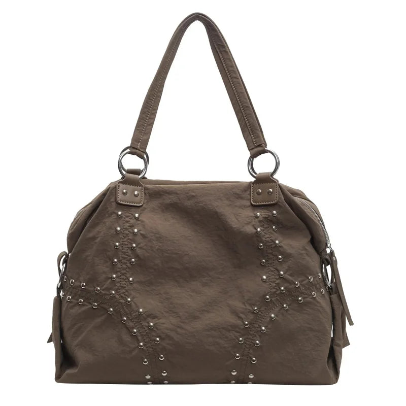 Women's Nylon Rivet Tote Bag – Large Shoulder Commuter Handbag
