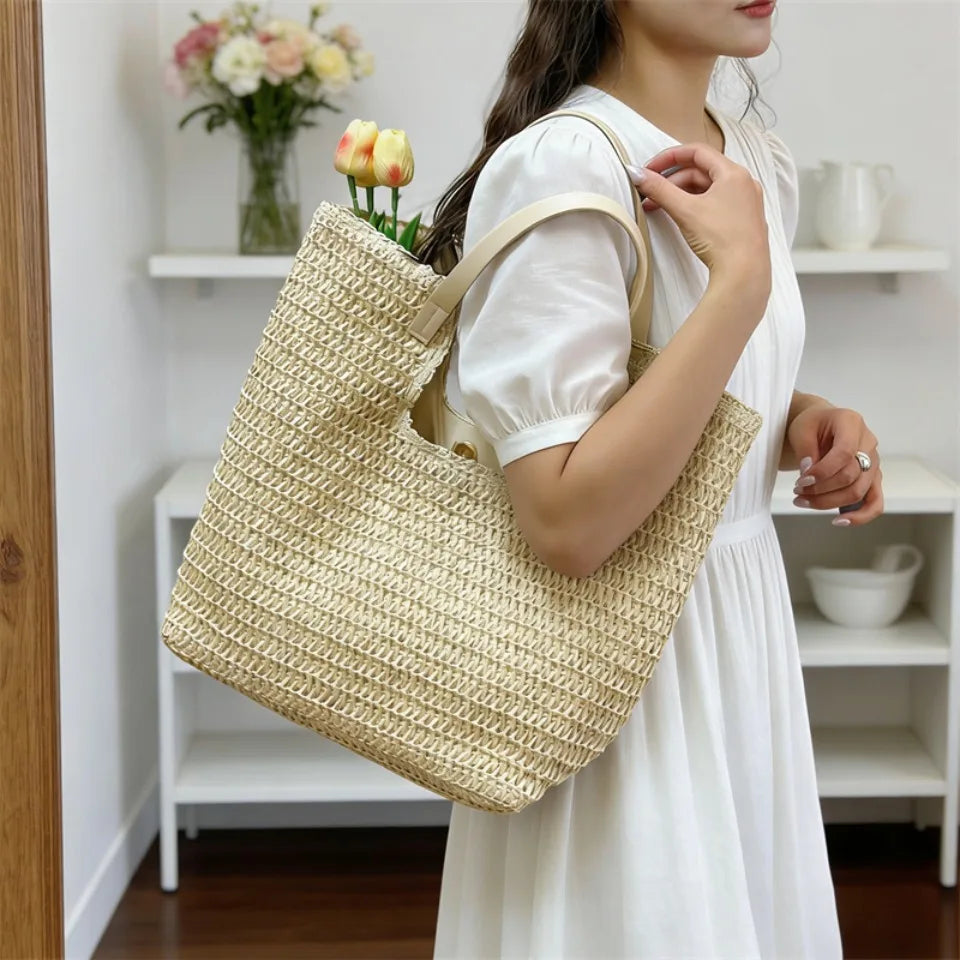 Straw Beach Tote Bag – Large Capacity Woven Shoulder Bag for Women