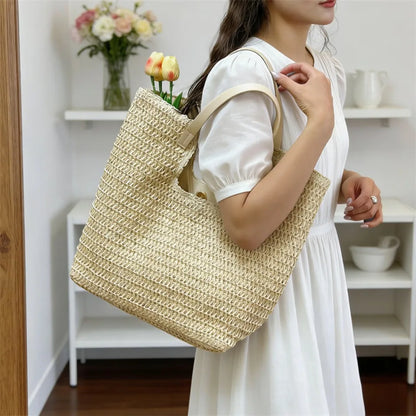 Straw Beach Tote Bag – Large Capacity Woven Shoulder Bag for Women