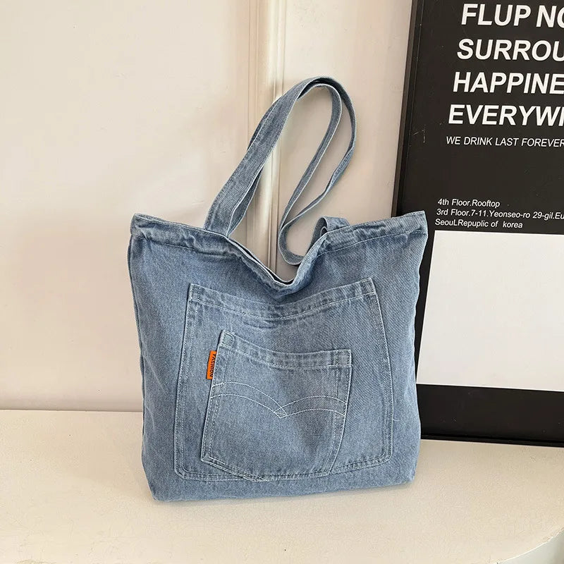 Denim Tote Bag – Large Capacity Shoulder Bag with Pocket