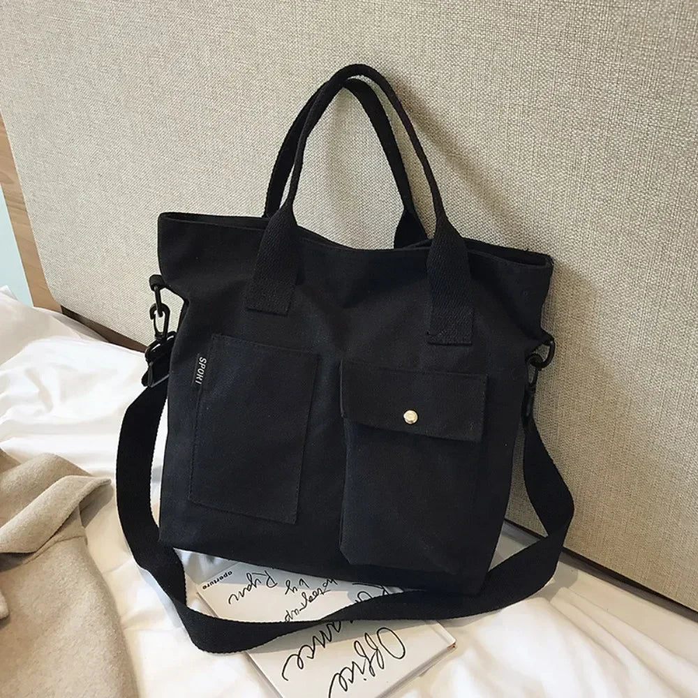 Canvas Bags Students Handbag Shoulder Bag Large Capacity Solid Color Totes Shopper Casual Female