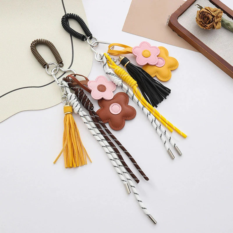 Leather Flower Tassel Keychain Bag Charm with Braided Rope