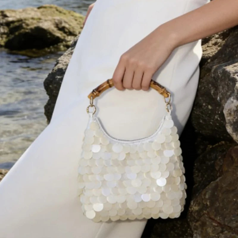 Shell Beaded Evening Bag Women Bamboo Handle Sequin Clutch