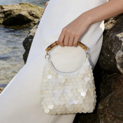 Shell Beaded Evening Bag Women Bamboo Handle Sequin Clutch