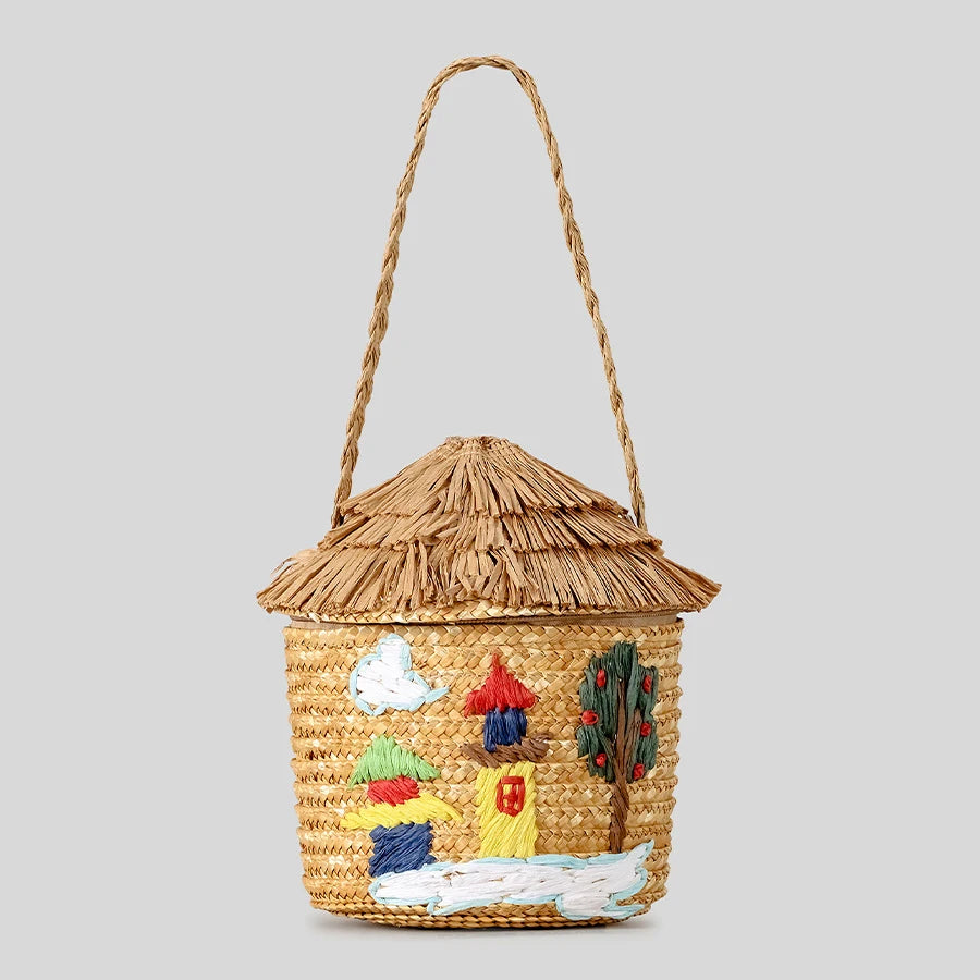 Creative Cartoon House Women Shoulder Bags Paper Woven Cute Handbags Handmade Summer Beach Bag Girls