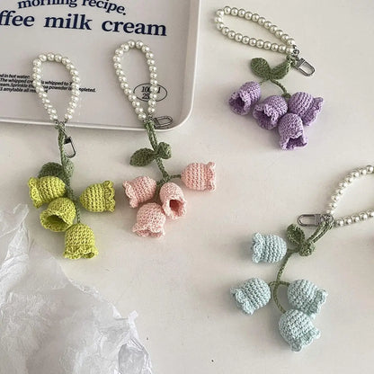 Crochet Flower Keychain with Pearl Chain Bag Charm Handmade