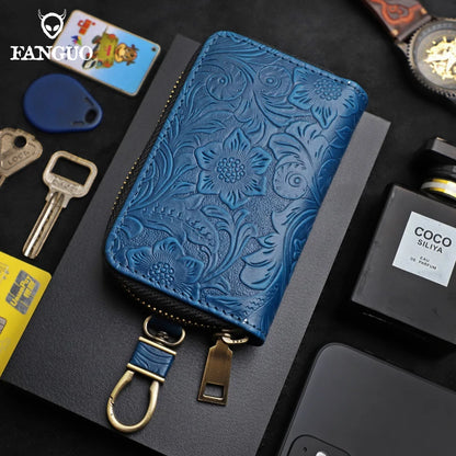 Genuine Leather Key Wallet – Floral Embossed Zipper Pouch with Card & Coin Slots