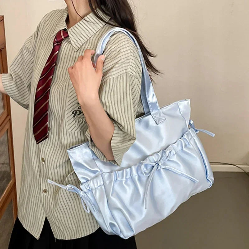 Bow Pleated Tote Bag for Women – Large Nylon Shoulder Bag
