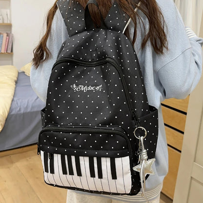 Cute Piano Key Print Backpack Women Polka Dot Music Theme School Bag Stylish Star Charm Student