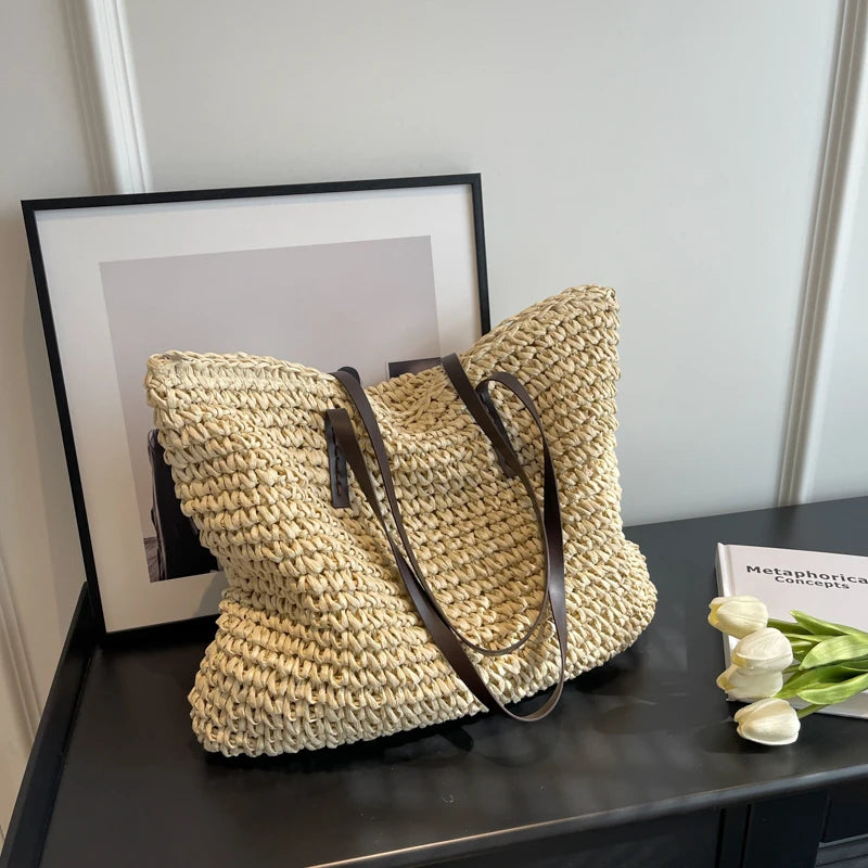 Moods Luxury Design Straw Woven Tote Bags Women Large Capacity Shoulder Beach Bag Pure Color Summer