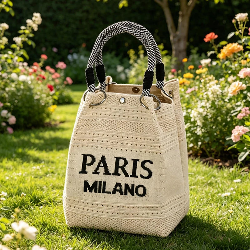 Knit Bucket Bag Women – Letter Print Woven Handbag Small Tote